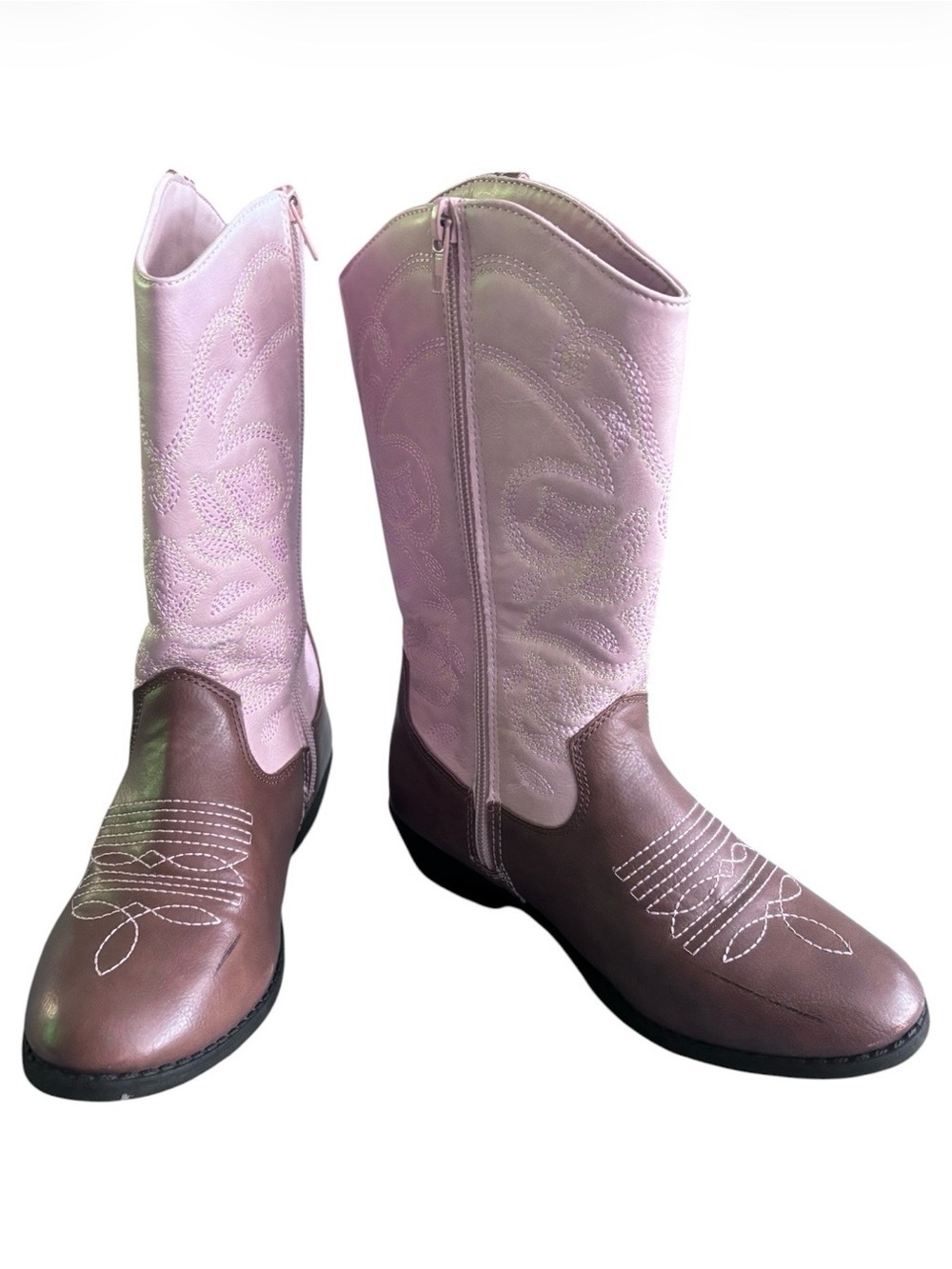 Kensie Girl Pink and Brown Zip-Up Western Cowgirl Style Boots | Size 3 (girl)